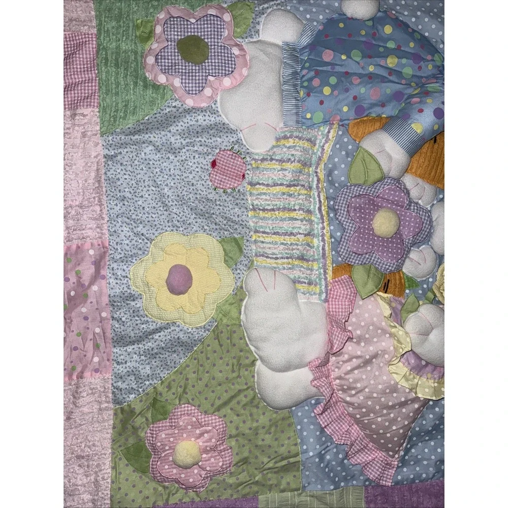 Vintage‎ Baby Bunny Patchwork Quilt 3D Appliqué Pastel Nursery Quilt 58x50